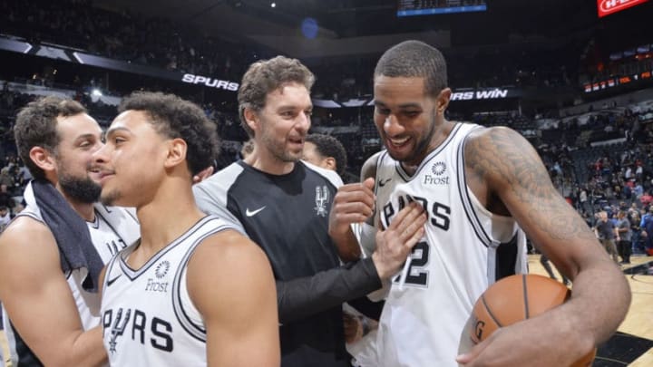 SAN ANTONIO, TX - JANUARY 10: Pau Gasol #16 of the San Antonio Spurs congratulates teammate LaMarcus Aldridge #12 of the San Antonio Spurs following the game agains the Oklahoma City Thunder on January 10, 2019 at the AT&T Center in San Antonio, Texas. NOTE TO USER: User expressly acknowledges and agrees that, by downloading and or using this photograph, user is consenting to the terms and conditions of the Getty Images License Agreement. Mandatory Copyright Notice: Copyright 2019 NBAE (Photos by Mark Sobhani/NBAE via Getty Images)