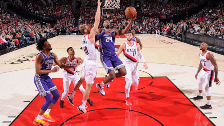PORTLAND, OR - OCTOBER 12: Buddy Hield #24 of the Sacramento Kings shoots the ball against the Portland Trail Blazers during a pre-season game on October 12, 2018 at Moda Center, in Portland, Oregon. NOTE TO USER: User expressly acknowledges and agrees that, by downloading and/or using this Photograph, user is consenting to the terms and conditions of the Getty Images License Agreement. Mandatory Copyright Notice: Copyright 2018 NBAE (Photo by Sam Forencich/NBAE via Getty Images)