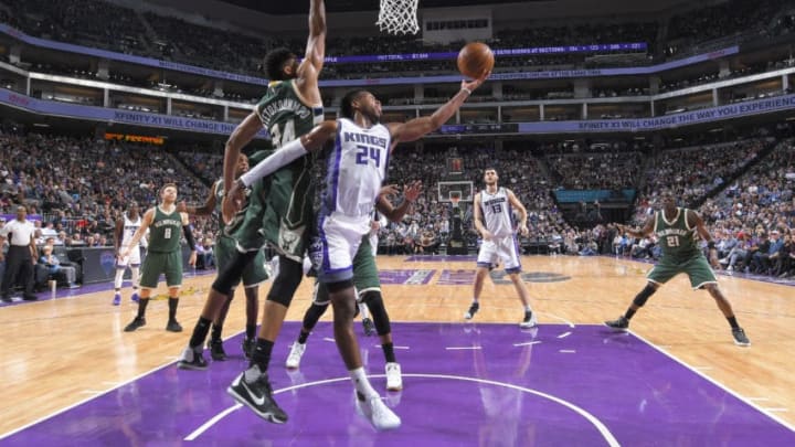 SACRAMENTO, CA - MARCH 22: Buddy Hield #24 of the Sacramento Kings puts up a shot against Giannis Antetokounmpo #34 of the Milwaukee Bucks on March 22, 2017 at Golden 1 Center in Sacramento, California. NOTE TO USER: User expressly acknowledges and agrees that, by downloading and or using this photograph, User is consenting to the terms and conditions of the Getty Images Agreement. Mandatory Copyright Notice: Copyright 2017 NBAE (Photo by Rocky Widner/NBAE via Getty Images)