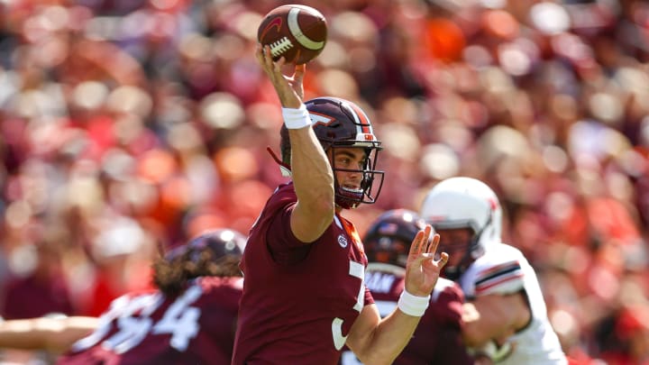 Sep 25, 2021; Blacksburg, Virginia, USA; Virginia Tech Hokies quarterback Braxton Burmeister (3) throws a pass against the Richmond Spiders during the first quarter at Lane Stadium. Notre Dame football takes on VT on Saturday night. Mandatory Credit: Ryan Hunt-USA TODAY Sports