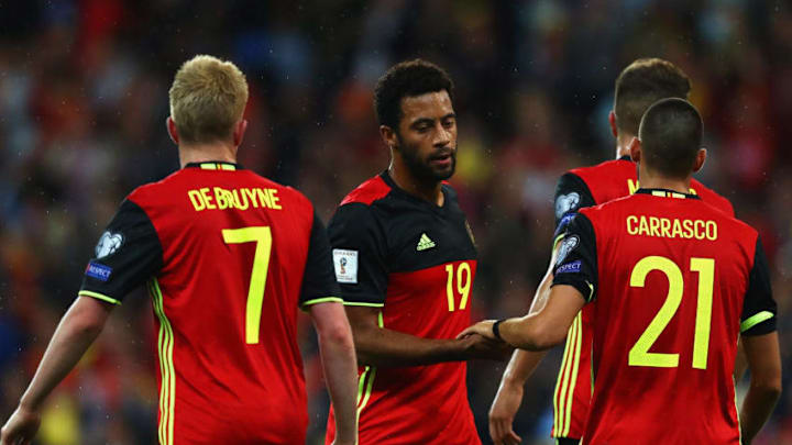 LIEGE, BELGIUM - AUGUST 31: Thomas Meunier of Belgium celebrates scoring a goal with team mates Mousa Dembele, Kevin De Bruyne and Yannick Carrasco during the FIFA 2018 World Cup Qualifier between Belgium and Gibraltar at Stade Maurice Dufrasne on August 31, 2017 in Liege, Belgium. (Photo by Dean Mouhtaropoulos/Getty Images)