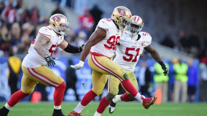 LOS ANGELES, CA - DECEMBER 24: Ronald Blair #98 of the San Francisco 49ers reacts during the game against the Los Angeles Rams at Los Angeles Memorial Coliseum on December 24, 2016 in Los Angeles, California. (Photo by Harry How/Getty Images)