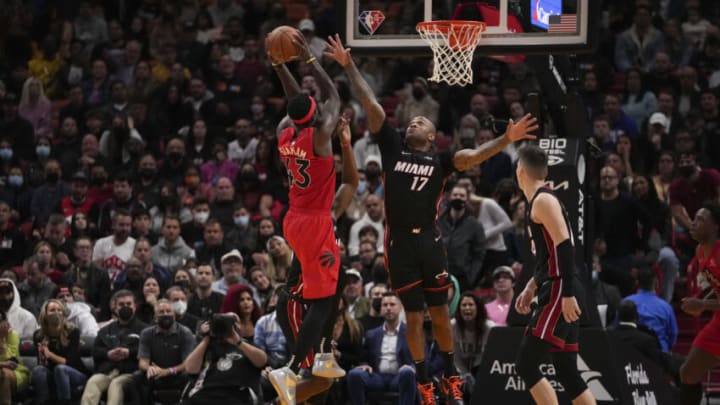 MIAMI, FLORIDA - JANUARY 29: P.J. Tucker #17 of the Miami Heat attempts to block a shot by Pascal Siakam #43 of the Toronto Raptors (Photo by Eric Espada/Getty Images)