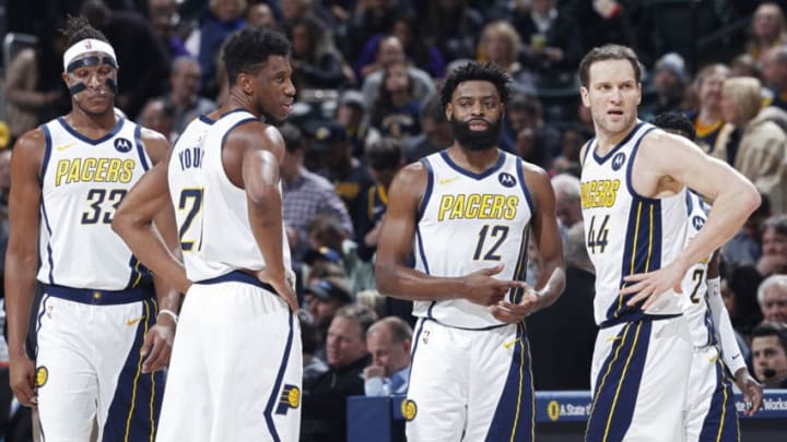 INDIANAPOLIS, IN - FEBRUARY 05: Bojan Bogdanovic #44, Tyreke Evans #12, Thaddeus Young #21 and Myles Turner #33 of the Indiana Pacers look on against the Los Angeles Lakers during the game at Bankers Life Fieldhouse on February 5, 2019 in Indianapolis, Indiana. The Pacers won 136-94. NOTE TO USER: User expressly acknowledges and agrees that, by downloading and or using the photograph, User is consenting to the terms and conditions of the Getty Images License Agreement. (Photo by Joe Robbins/Getty Images)