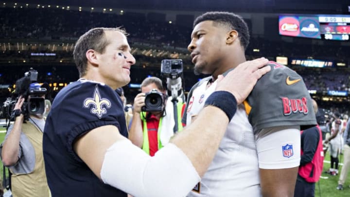 NEW ORLEANS, LA - NOVEMBER 5: Drew Brees #9 of the New Orleans Saints talks on the field after the game with Jameis Winston #3 of the Tampa Bay Buccaneers at Mercedes-Benz Superdome on November 5, 2017 in New Orleans, Louisiana. The Saints defeated the Buccaneers 30-10. (Photo by Wesley Hitt/Getty Images)