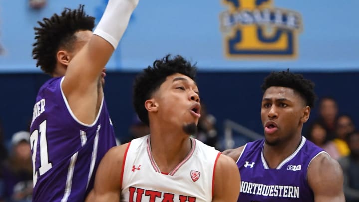 FULLERTON, CA – NOVEMBER 25: A.J. Turner #21 and Anthony Gaines #11 of the Northwestern Wildcats guard Sedrick Barefield #2 of the Utah Utes as he looks to take a shot in the first half of the game during the Wooden Legacy Tournament at Titan Gym on November 25, 2018 in Fullerton, California. (Photo by Jayne Kamin-Oncea/Getty Images)