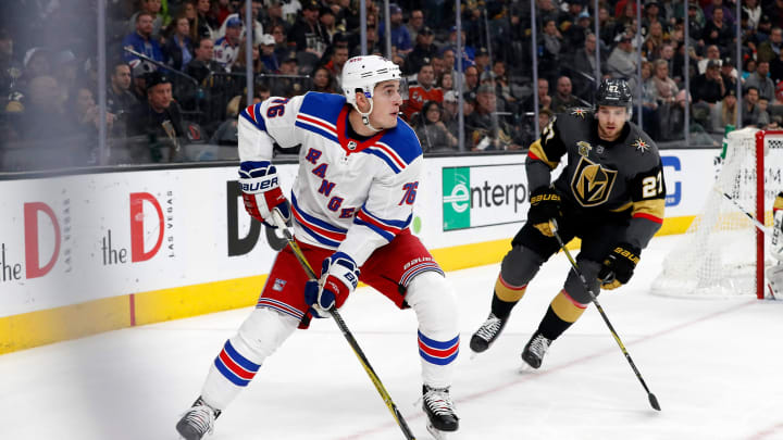 LAS VEGAS, NV – JANUARY 07: New York Rangers Defenceman Brady Skjei (76) looks to pass the puck during a game between the Vegas Golden Knights and the New York Rangers on January 7, 2018 at T-Mobile Arena in Las Vegas, Nevada. (Photo by Jeff Speer/Icon Sportswire via Getty Images)