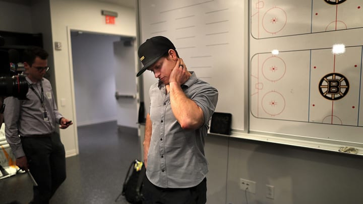 BOSTON - JUNE 14: Boston Bruins' Torey Krug stands by himself as he waits to meet with reporters as the Bruins hold their end of the season media availability at the Warrior Ice Arena practice facility in the Brighton neighborhood of Boston on June 14, 2019. (Photo by John Tlumacki/The Boston Globe via Getty Images)