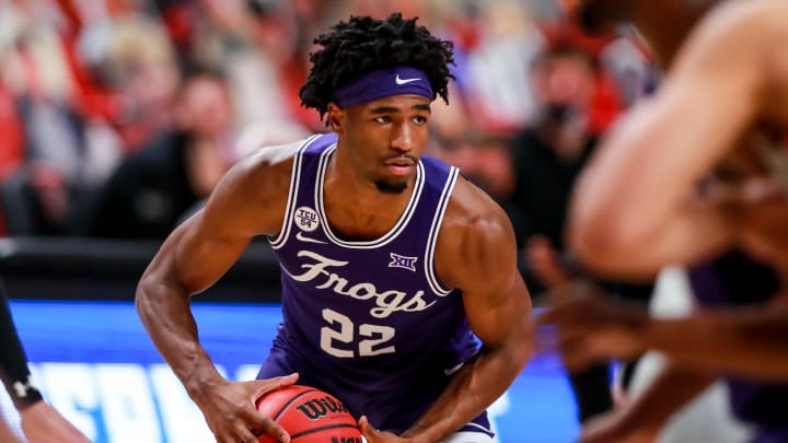 LUBBOCK, TEXAS – MARCH 02: Guard RJ Nembhard #22 of the TCU Horned Frogs handles the ball during the first half of the college basketball game against the Texas Tech Red Raiders at United Supermarkets Arena on March 02, 2021 in Lubbock, Texas. (Photo by John E. Moore III/Getty Images)