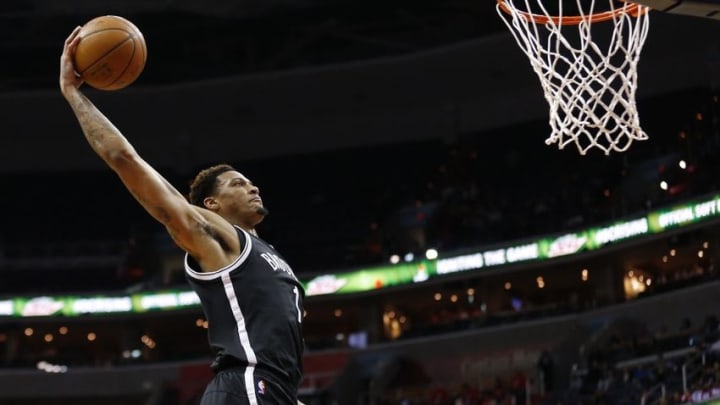 Apr 6, 2016; Washington, DC, USA; Brooklyn Nets forward Chris McCullough (1) dunks the ball against the Washington Wizards in the third quarter at Verizon Center. The Wizards won 121-103. Mandatory Credit: Geoff Burke-USA TODAY Sports