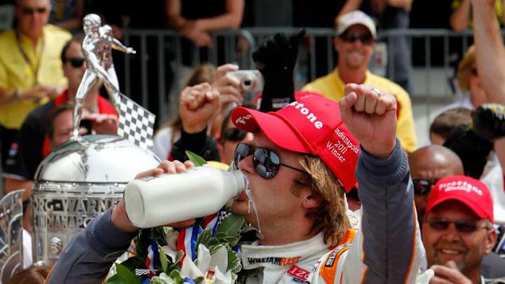 INDIANAPOLIS, IN - MAY 29: Dan Wheldon of England, driver of the #98 William Rast-Curb/Big Machine Dallara Honda, celebrates in victory lane after winning the IZOD IndyCar Series Indianapolis 500 Mile Race at Indianapolis Motor Speedway on May 29, 2011 in Indianapolis, Indiana. (Photo by Jonathan Ferrey/Getty Images)