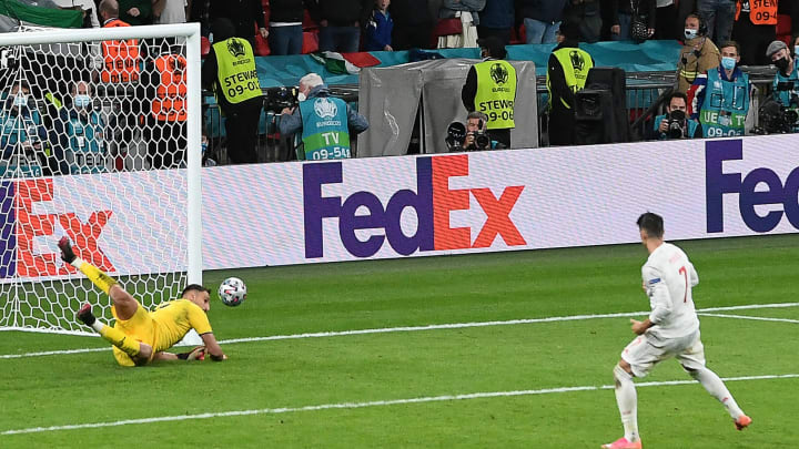 Alvaro Morata’s penalty was saved by Gianluigi Donnarumma in the shootout. (Photo by FACUNDO ARRIZABALAGA/POOL/AFP via Getty Images)