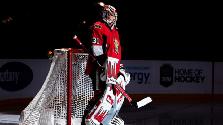 OTTAWA, ON - FEBRUARY 09: Ottawa Senators Goalie Anders Nilsson (31) in the spotlight before National Hockey League action between the Winnipeg Jets and Ottawa Senators on February 9, 2019, at Canadian Tire Centre in Ottawa, ON, Canada. (Photo by Richard A. Whittaker/Icon Sportswire via Getty Images)