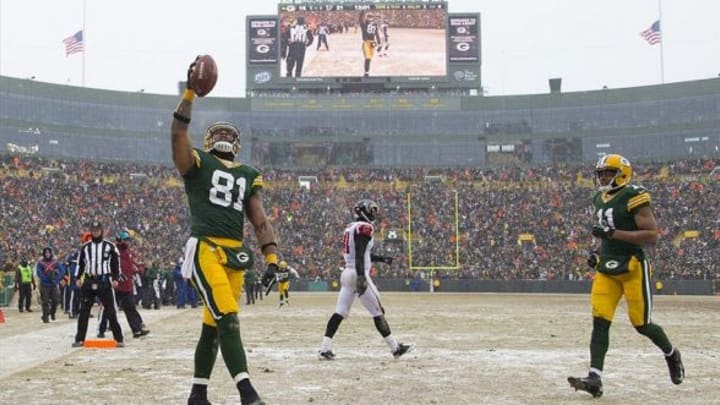 Dec 8, 2013; Green Bay, WI, USA; Green Bay Packers tight end Andrew Quarless (81) celebrates a touchdown catch during the fourth quarter against the Atlanta Falcons at Lambeau Field. Green Bay won 22-21. Mandatory Credit: Jeff Hanisch-USA TODAY Sports