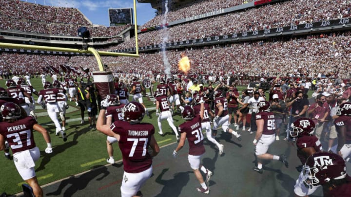 Oct 7, 2023; College Station, Texas, USA; Texas A&M Aggies players run onto the field before the game against the Alabama Crimson Tide at Kyle Field. Mandatory Credit: Troy Taormina-USA TODAY Sports