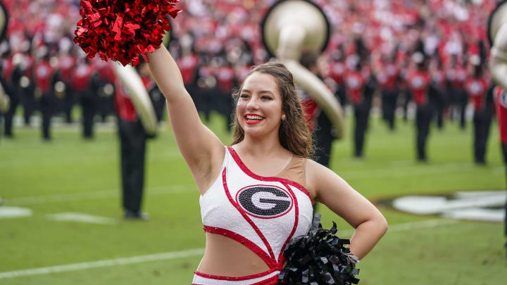 Oct 2, 2021; Athens, Georgia, USA; Georgia Bulldogs dancers on the field before the game against the Arkansas Razorbacks at Sanford Stadium. Mandatory Credit: Dale Zanine-USA TODAY Sports