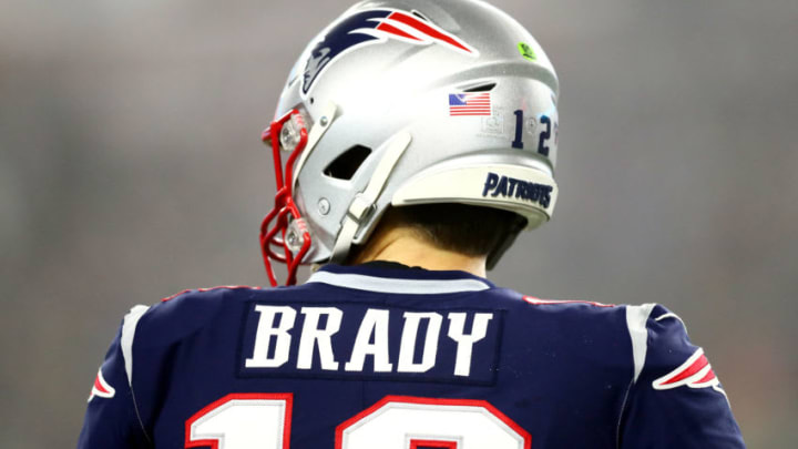 FOXBOROUGH, MASSACHUSETTS - JANUARY 04: A detail of the jersey of Tom Brady #12 of the New England Patriots in the AFC Wild Card Playoff game against the Tennessee Titans at Gillette Stadium on January 04, 2020 in Foxborough, Massachusetts. (Photo by Adam Glanzman/Getty Images)