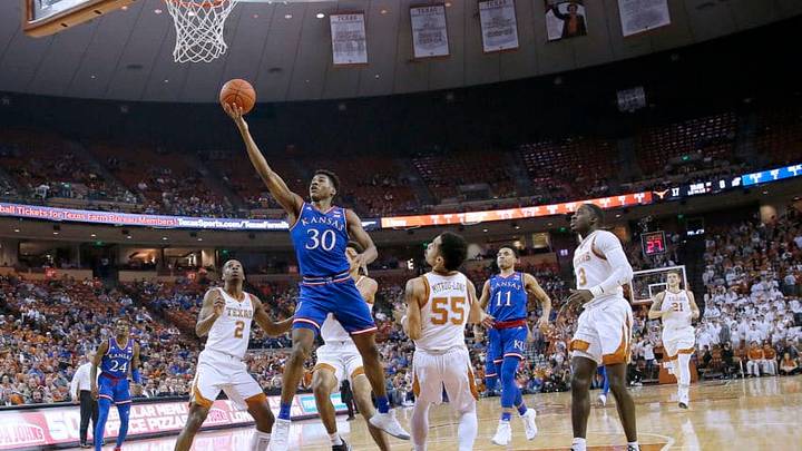 AUSTIN, TEXAS - JANUARY 29: Ochai Agbaji #30 of the Kansas Jayhawks leaps to the basket against the Texas Longhorns at The Frank Erwin Center on January 29, 2019 in Austin, Texas. (Photo by Chris Covatta/Getty Images)