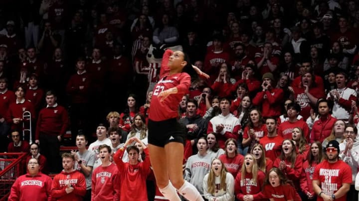 Nebraska outside hitter Harper Murray (27) serves the ball during the first set of the game against Wisconsin on Friday November 24, 2023 at the UW Field House in Madison, Wis.