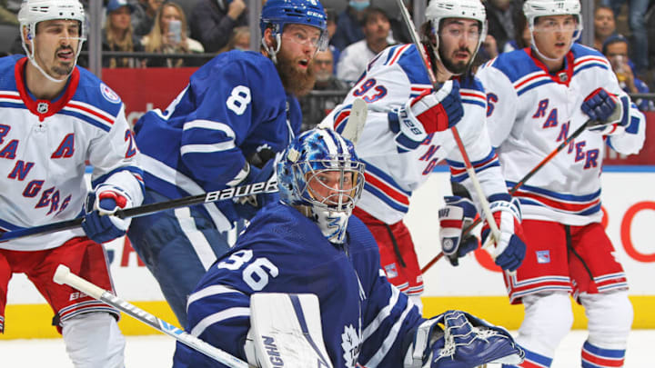 TORONTO, ON - NOVEMBER 18: Jack Campbell #36 of the Toronto Maple Leafs kicks a rebound away against the New York Rangers during an NHL game at Scotiabank Arena on November 18, 2021 in Toronto, Ontario, Canada. The Maple Leafs defeated the Rangers 2-1.(Photo by Claus Andersen/Getty Images)