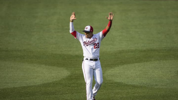 WASHINGTON, DC - JULY 21: Juan Soto #22 of the Washington Nationals reacts before the game against the Baltimore Orioles at Nationals Park on July 21, 2020 in Washington, DC. (Photo by Scott Taetsch/Getty Images)