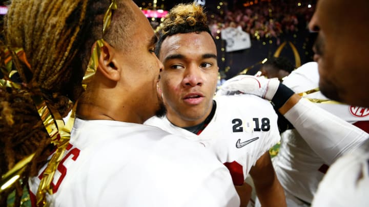 ATLANTA, GA – JANUARY 08: Tua Tagovailoa #13 of the Alabama Crimson Tide celebrates with Jalen Hurts. (Photo by Jamie Squire/Getty Images)