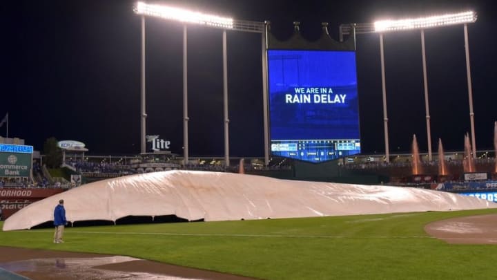 Oct 8, 2015; Kansas City, MO, USA; A general view of the tarp over the field during a rain delay in game one of the ALDS between the Kansas City Royals and Houston Astros at Kauffman Stadium. Mandatory Credit: Denny Medley-USA TODAY Sports