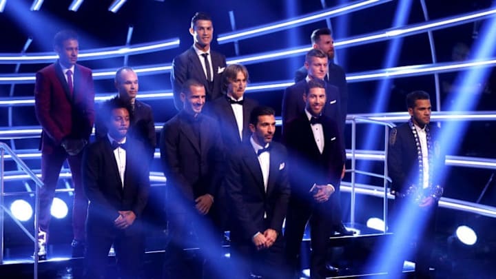 LONDON, ENGLAND - OCTOBER 23: Gianluigi Buffon, Dani Alves, Leonardo Bonucci, Sergio Ramos, Marcelo; Luka Modric, Toni Kroos, Andres Iniesta; Lionel Messi, Cristiano Ronaldo and Neymar are named The Fifa FifPro World XI during The Best FIFA Football Awards Show on October 23, 2017 in London, England. (Photo by Michael Steele/Getty Images)