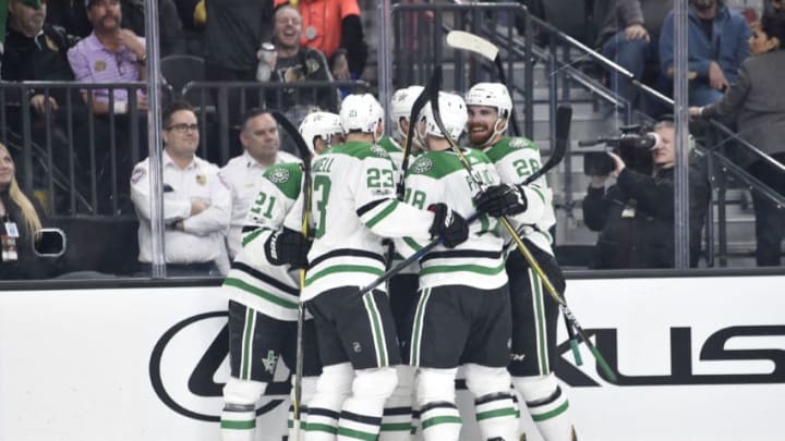 LAS VEGAS, NV - NOVEMBER 28: The Dallas Stars celebrate after scoring a goal against the Vegas Golden Knights during the game at T-Mobile Arena on November 28, 2017 in Las Vegas, Nevada. (Photo by Jeff Bottari/NHLI via Getty Images)