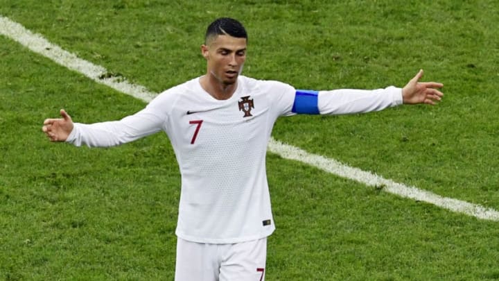 Portugal's forward Cristiano Ronaldo reacts during the Russia 2018 World Cup round of 16 football match between Uruguay and Portugal at the Fisht Stadium in Sochi on June 30, 2018. (Photo by PIERRE-PHILIPPE MARCOU / AFP) / RESTRICTED TO EDITORIAL USE - NO MOBILE PUSH ALERTS/DOWNLOADS (Photo credit should read PIERRE-PHILIPPE MARCOU/AFP/Getty Images)