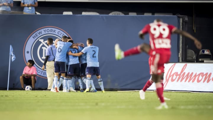 BRONX, NY - JULY 08: Bradley Wright-Phillips #99 of New York Red Bulls shows his frustration after the goal by Maximiliano Moralez #10 of New York City during the Major League Soccer Hudson River Derby match between New York City FC and New York Red Bulls at Yankee Stadium on July 8, 2018 in the Bronx borough of New York. New York City FC won the match with a score of 1 to 0. (Photo by Ira L. Black/Corbis via Getty Images)