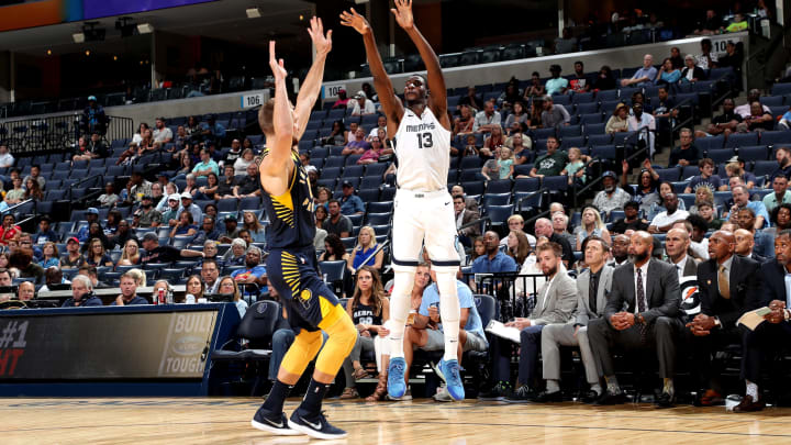 MEMPHIS, TN – OCTOBER 6: Jaren Jackson Jr. #13 of the Memphis Grizzlies shoots the ball against the Indiana Pacers during a pre-season game on October 6, 2018 at FedExForum in Memphis, Tennessee. NOTE TO USER: User expressly acknowledges and agrees that, by downloading and or using this Photograph, user is consenting to the terms and conditions of the Getty Images License Agreement. Mandatory Copyright Notice: Copyright 2018 NBAE (Photo by Joe Murphy/NBAE via Getty Images)
