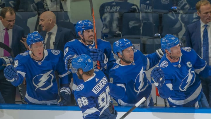 TAMPA, FL - OCTOBER 03: Tampa Bay Lightning Right Wing Nikita Kucherov (86) celebrates his goal with the bench during the NHL Hockey match between the Lightning and Panthers on October 3, 2019 at Amalie Arena in Tampa, FL. (Photo by Andrew Bershaw/Icon Sportswire via Getty Images)