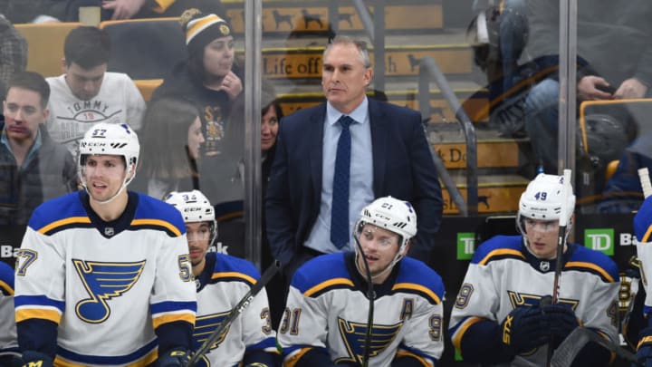 BOSTON, MA - JANUARY 17: Interim Head Coach Craig Berube of the St. Louis Blues watches the third period against the Boston Bruins at the TD Garden on January 17, 2019 in Boston, Massachusetts. (Photo by Steve Babineau/NHLI via Getty Images)