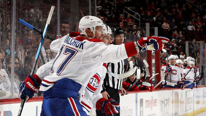 NEWARK, NJ – FEBRUARY 4: Ilya Kovalchuk #17 of the Montreal Canadiens points in celebration as the Canadiens celebrate a goal by teammate Nick Cousins that tied the game during third period of an NHL hockey game against the New Jersey Devils on February 4, 2020 at the Prudential Center in Newark, New Jersey. (Photo by Paul Bereswill/Getty Images)