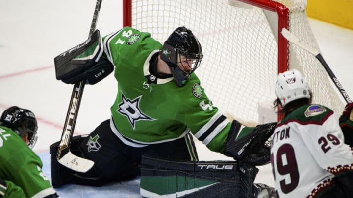 Apr 27, 2022; Dallas, Texas, USA; Arizona Coyotes center Barrett Hayton (29) scores the game tying goal against Dallas Stars goaltender Scott Wedgewood (41) during the third period at the American Airlines Center. Mandatory Credit: Jerome Miron-USA TODAY Sports