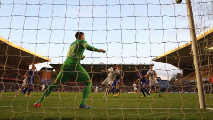 WOLVERHAMPTON, ENGLAND - OCTOBER 10: Liam Moore (C) of England sees his header go narrowly wide as goalkeeper Matej Delac of Croatia looks on during the UEFA U21 Championship Playoff First Leg match between England and Croatia at Molineux on October 10, 2014 in Wolverhampton, England. (Photo by Michael Steele/Getty Images)