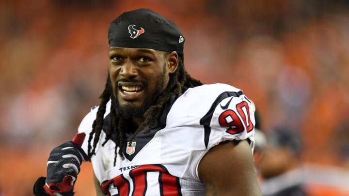 Oct 24, 2016; Denver, CO, USA; Houston Texans defensive end Jadeveon Clowney (90) during the third quarter against the Denver Broncos at Sports Authority Field at Mile High. Mandatory Credit: Ron Chenoy-USA TODAY Sports