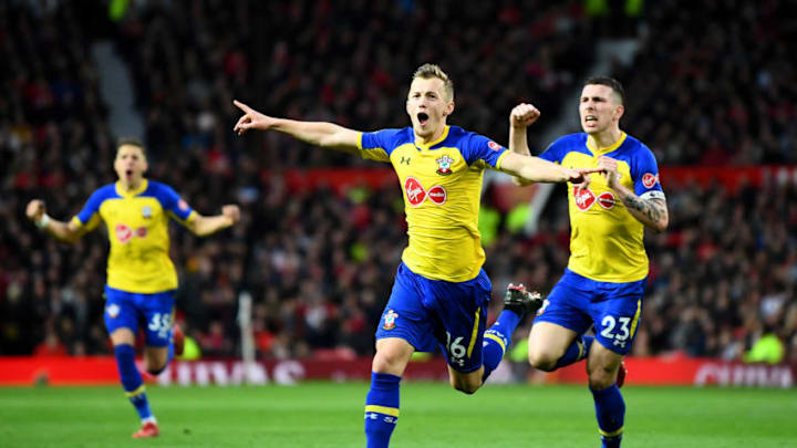 MANCHESTER, ENGLAND - MARCH 02: James Ward-Prowse of Southampton celebrates after scoring his team's second goal during the Premier League match between Manchester United and Southampton FC at Old Trafford on March 02, 2019 in Manchester, United Kingdom. (Photo by Clive Mason/Getty Images)