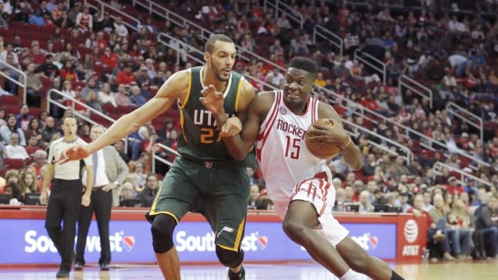 Nov 19, 2016; Houston, TX, USA; Houston Rockets center Clint Capela (15) drives to the basket against Utah Jazz center Rudy Gobert (27) in the second half at Toyota Center. Rockets won 111-102. Mandatory Credit: Thomas B. Shea-USA TODAY Sports