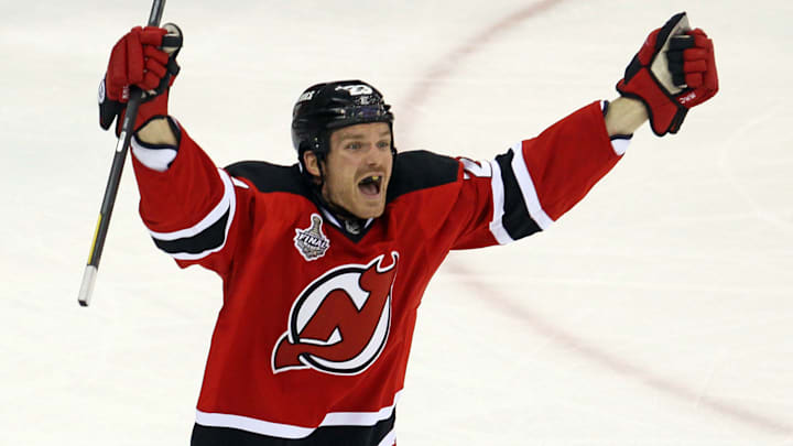 David Clarkson the New Jersey Devils celebrates against the Los Angeles Kings during Game Five. (Photo by Jim McIsaac/Getty Images)