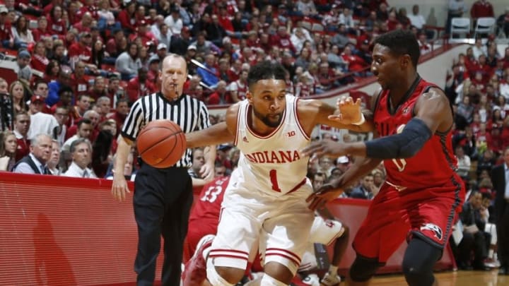 Dec 2, 2016; Bloomington, IN, USA; Indiana Hoosiers guard James Blackmon Jr. (1) drives to the basket against SIU Edwardsville Cougars guard Carlos Anderson (0) at Assembly Hall. Indiana defeated SIU Edwardsville 83-60. Mandatory Credit: Brian Spurlock-USA TODAY Sports