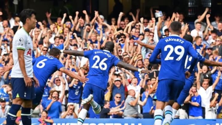 Chelsea’s Senegalese defender Kalidou Koulibaly (C) celebrates after scoring the opening goal of the English Premier League football match between Chelsea and Tottenham Hotspur at Stamford Bridge in London on August 14, 2022. (Photo by GLYN KIRK/AFP via Getty Images)