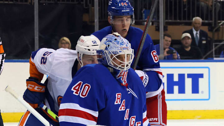NEW YORK, NEW YORK - SEPTEMBER 26: Alexandar Georgiev #40 of the New York Rangers skates against the New York Islanders in a preseason game at Madison Square Garden on September 26, 2021 in New York City. The Islanders shutout the Rangers 4-0. (Photo by Bruce Bennett/Getty Images)