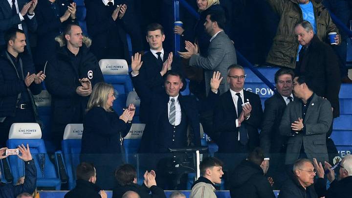 LEICESTER, ENGLAND - FEBRUARY 26: New Leicester City manager Brendan Rodgers is introduced to the crowd prior to the Premier League match between Leicester City and Brighton & Hove Albion at The King Power Stadium on February 26, 2019 in Leicester, United Kingdom. (Photo by Michael Regan/Getty Images)
