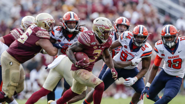 TALLAHASSEE, FL – OCTOBER 26: Runningback Cam Akers #3 of the Florida State Seminoles on a running play during the game against the Syracuse Orange at Doak Campbell Stadium on Bobby Bowden Field on October 26, 2019 in Tallahassee, Florida. The Seminoles defeated the Orange 35 to 17. (Photo by Don Juan Moore/Getty Images)