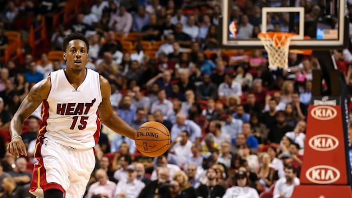 Nov 3, 2015; Miami, FL, USA; Miami Heat guard Mario Chalmers (15) dribbles the ball against the Atlanta Hawks during the first half at American Airlines Arena. Mandatory Credit: Steve Mitchell-USA TODAY Sports