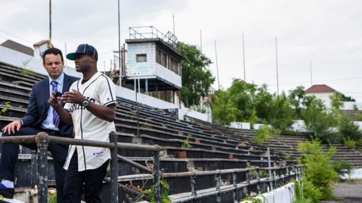 Harold Reynolds, former MLB player and television analyst for MLB Network and Fox Sports, is named the Ambassador of Hinchliffe Stadium by Paterson Mayor André Sayegh at the stadium in Paterson on Thursday August 13, 2020.Hinchliffe Stadium