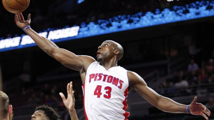 Mar 21, 2016; Auburn Hills, MI, USA; Detroit Pistons forward Anthony Tolliver (43) reaches for a rebound during the second quarter against the Milwaukee Bucks at The Palace of Auburn Hills. Mandatory Credit: Raj Mehta-USA TODAY Sports