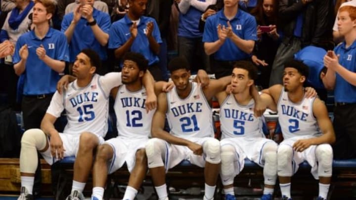 Feb 7, 2015; Durham, NC, USA; Duke Blue Devils starters center Jahlil Okafor (15) and forward Justise Winslow (12) and forward Amile Jefferson (21) and guard Tyus Jones (5) and guard Quinn Cook (2) wait to be introduced prior to the first half against the Notre Dame Fighting Irish at Cameron Indoor Stadium. Mandatory Credit: Rob Kinnan-USA TODAY Sports